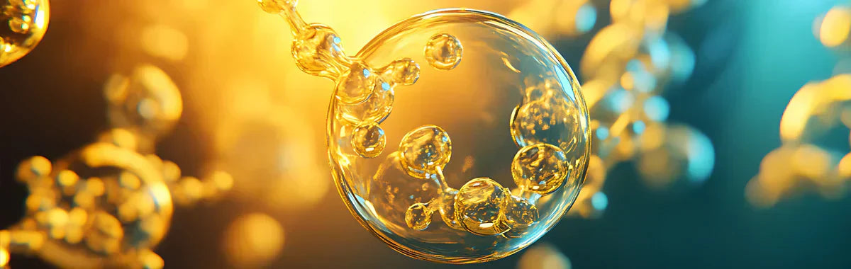 Abstrakte Darstellung leuchtender Zellstruktur mit orangeblauen Energiepartikeln