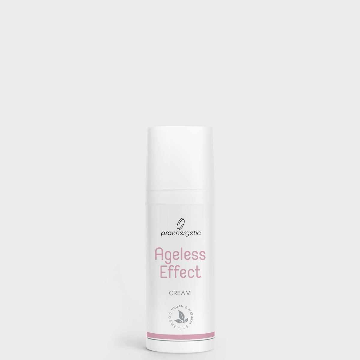 Ageless Effect Cream: Weiße, schlanke Pumpflasche mit der Aufschrift „Ageless Effect Cream“ und zartrosafarbenem Akzent, freigestellt vor hellem, neutralem Hintergrund.