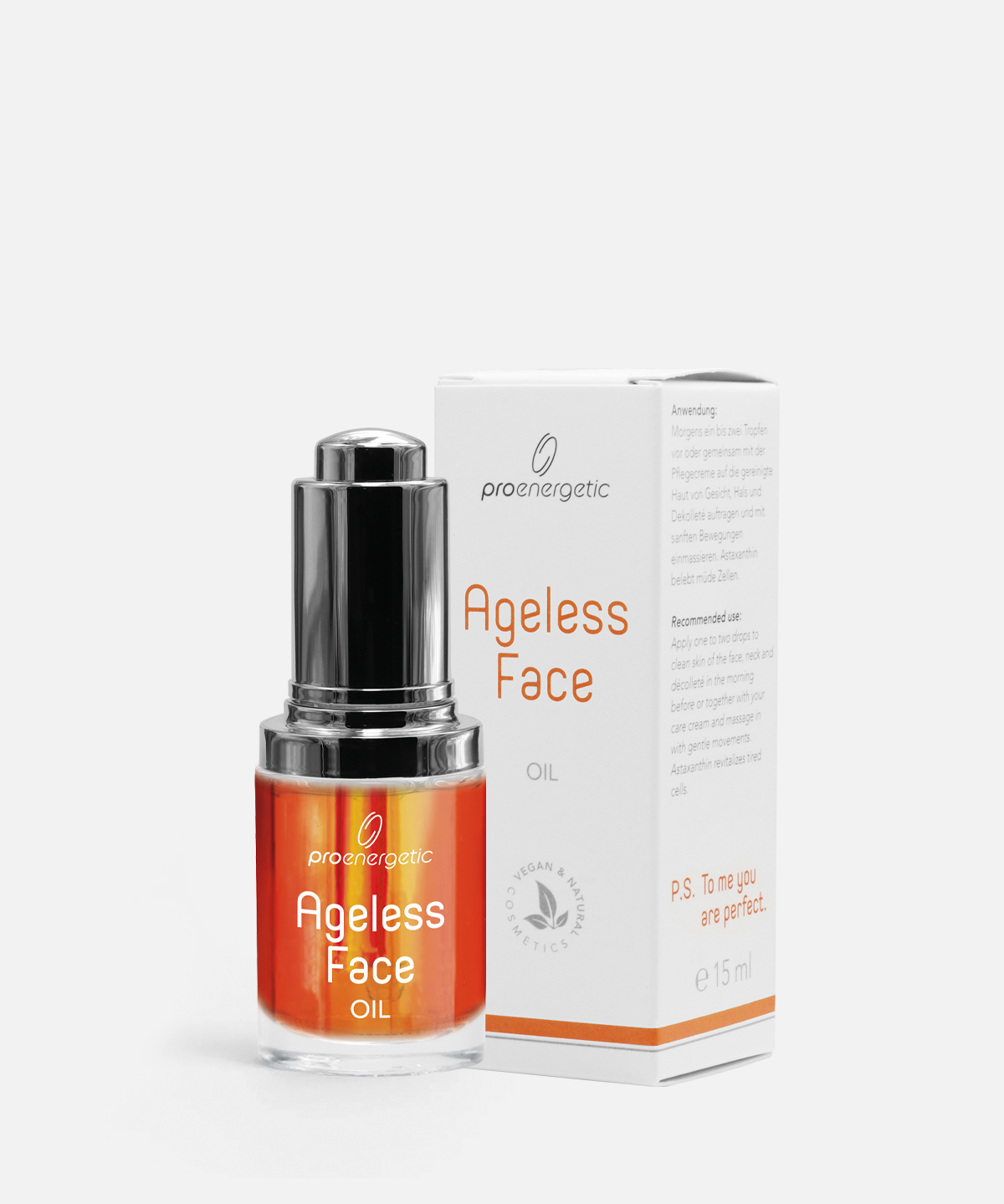 Flasche „Ageless Face Oil“ mit silbernem Pumpspender vor passender Produktverpackung, orangefarbenes Gesichtsöl im Glasbehälter auf hellem, neutralem Hintergrund.