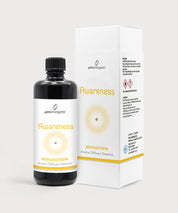 Schwarze ProEnergetic Aroma Diffuser Essence Awareness Flasche neben weißer Produktverpackung mit gelbem Akzent, Produktname Awareness und Etikettendetails sichtbar