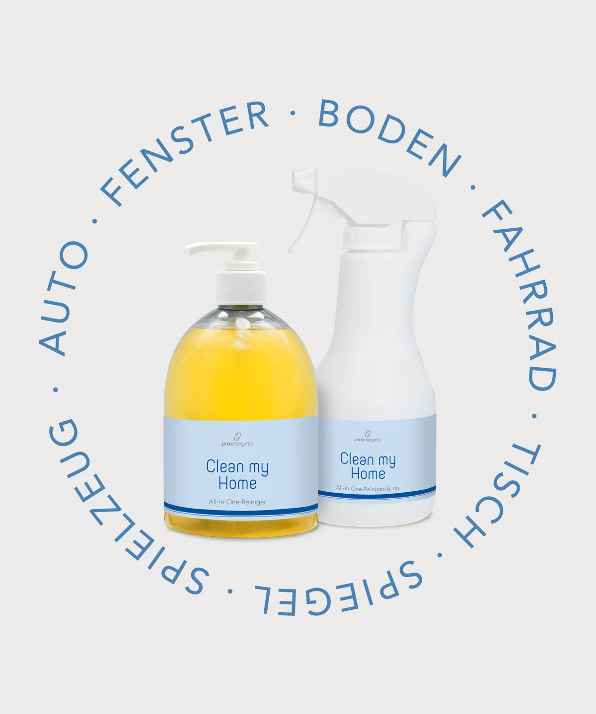 Clean my Home Reiniger in Pumpflasche mit gelbem Inhalt und mit Sprayflasche, umgeben von Textkreis mit Anwendungsbereichen Auto, Fenster und Boden