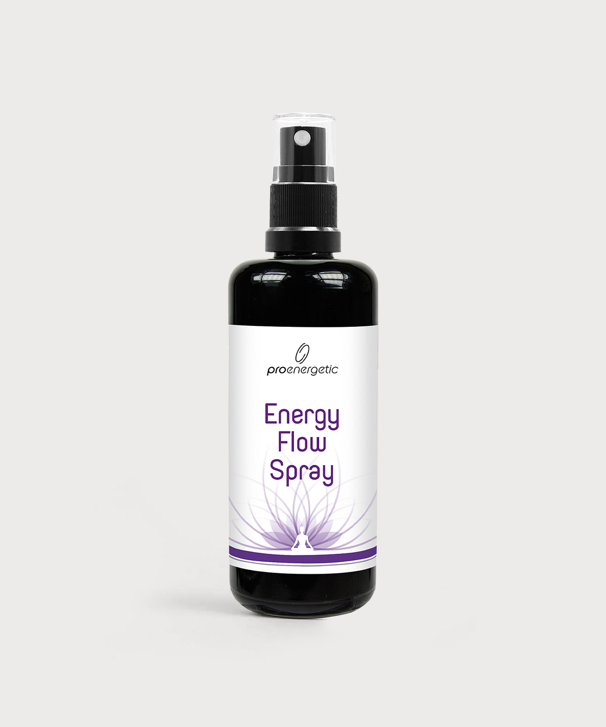 Energy Flow Spray in schwarzer Sprühflasche mit weißem Etikett, violettem Schriftzug und grafischem Linienmotiv auf hellem Hintergrund