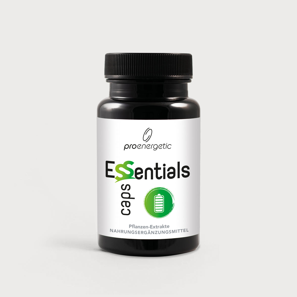 Schwarze Dose „Essentials Caps“ mit weißem Etikett und grünem Batterie-Symbol, freigestellt vor hellem Hintergrund.