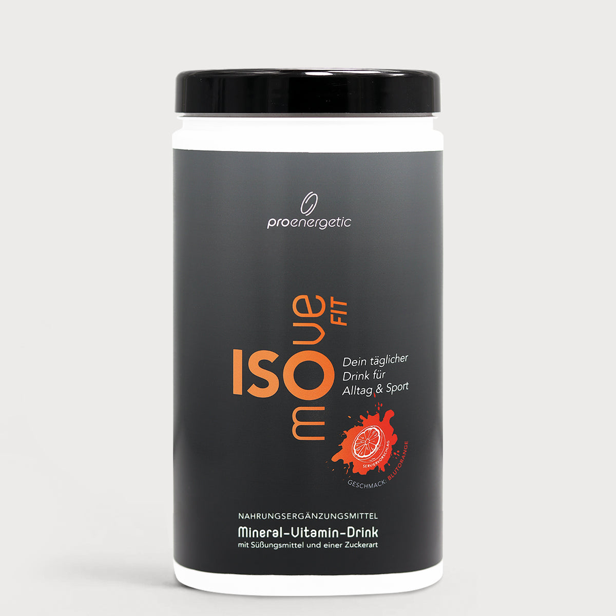 Dose ISOmove Fit von proenergetic vor hellem Hintergrund. Schwarze Verpackung mit orangefarbener Typografie „ISOmove Fit“, Mineral-Vitamin-Drink für Alltag und Sport, modernes, cleanes Produktfoto.
