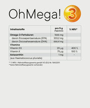„OhMega! 3“ – Nährwerttabelle für Omega-3 Liquid: Auflistung der Inhaltsstoffe pro 5 g (Tagesdosis) mit Omega-3-Fettsäuren (EPA und DHA), Vitamin D3, Vitamin K und Astaxanthin sowie Angabe der %-NRV.