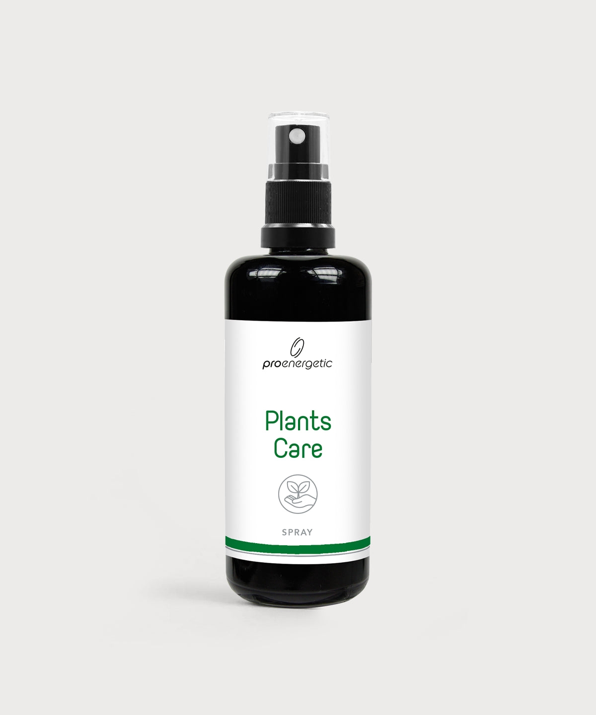 Schwarze Sprühflasche „Plants Care“ von proenergetic mit weiß-grünem Etikett vor hellem Hintergrund.