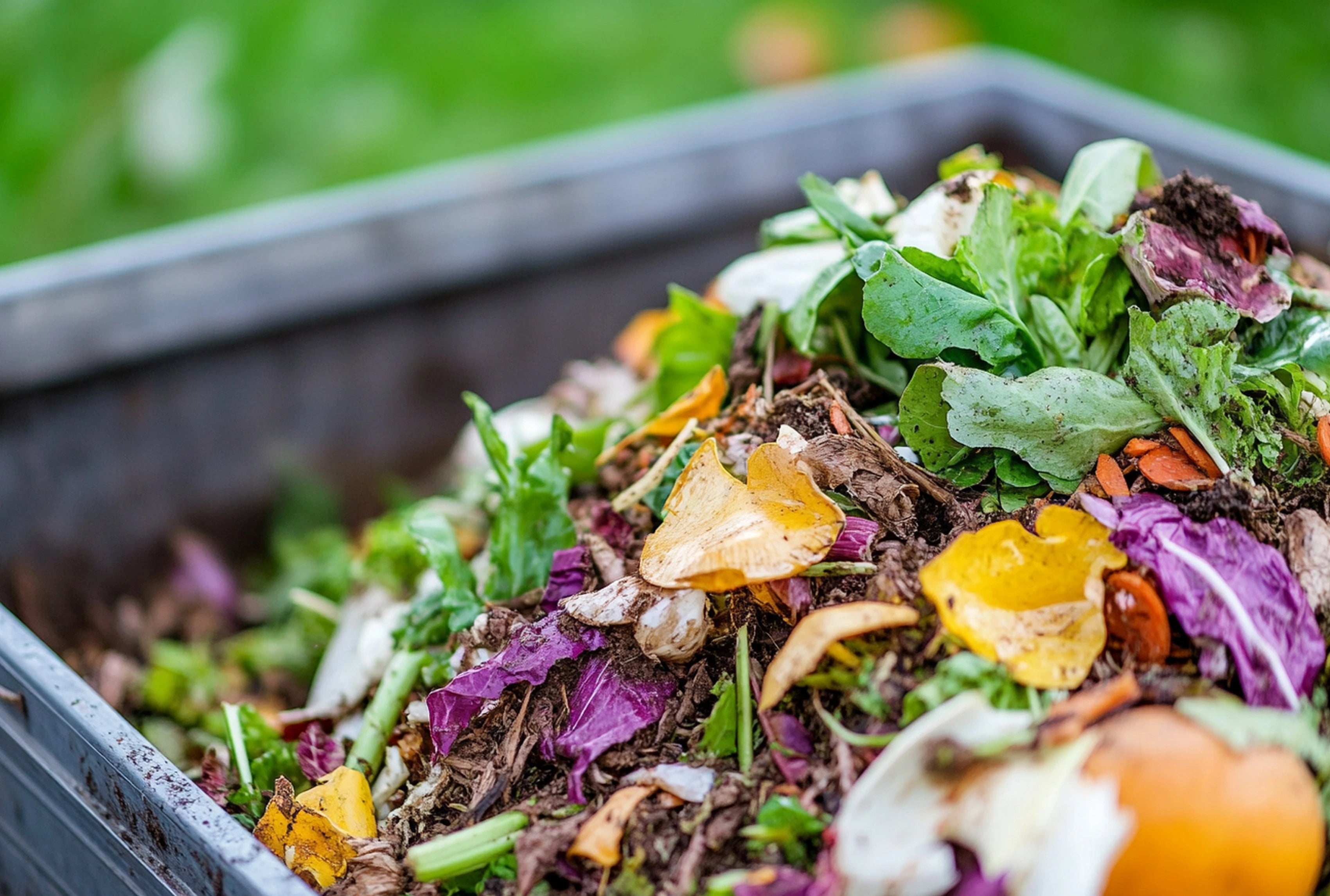 Kompostbehälter mit Küchenabfällen wie Gemüseresten, Blättern und Schalen in feuchtem organischem Material