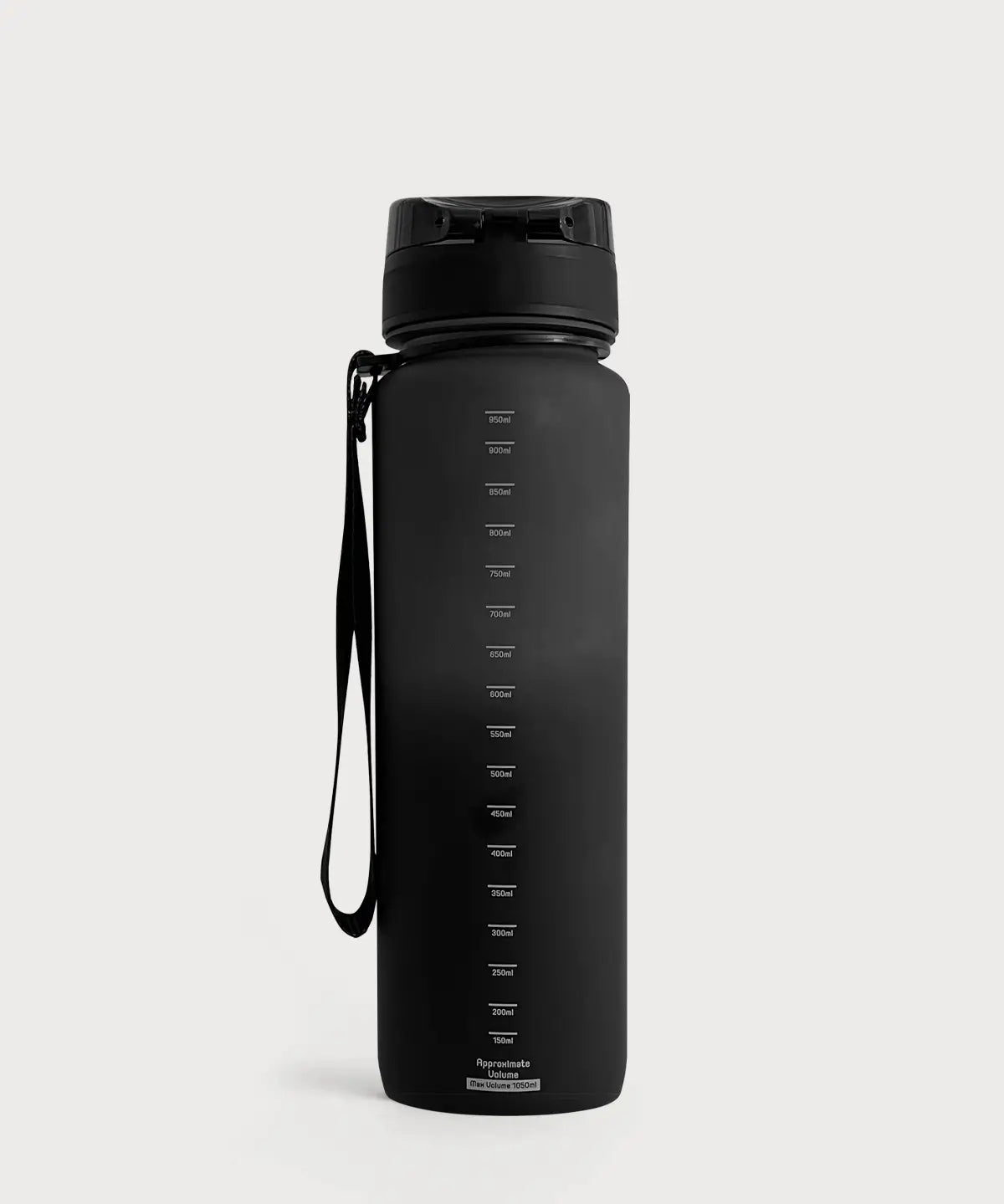 Pure Move Trinkflasche in schwarzer Ausführung mit seitlicher Trageschlaufe und aufgedruckter Füllstandsskala auf hellem Hintergrund