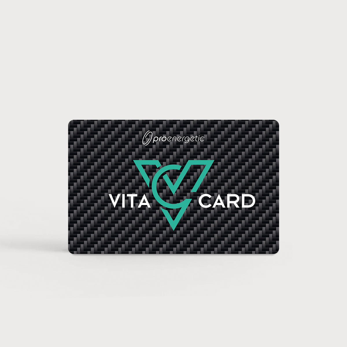 Vita Card in schwarzer Kartenform mit Carbonoptik, grünem Symbol und weißem Schriftzug auf hellem Hintergrund