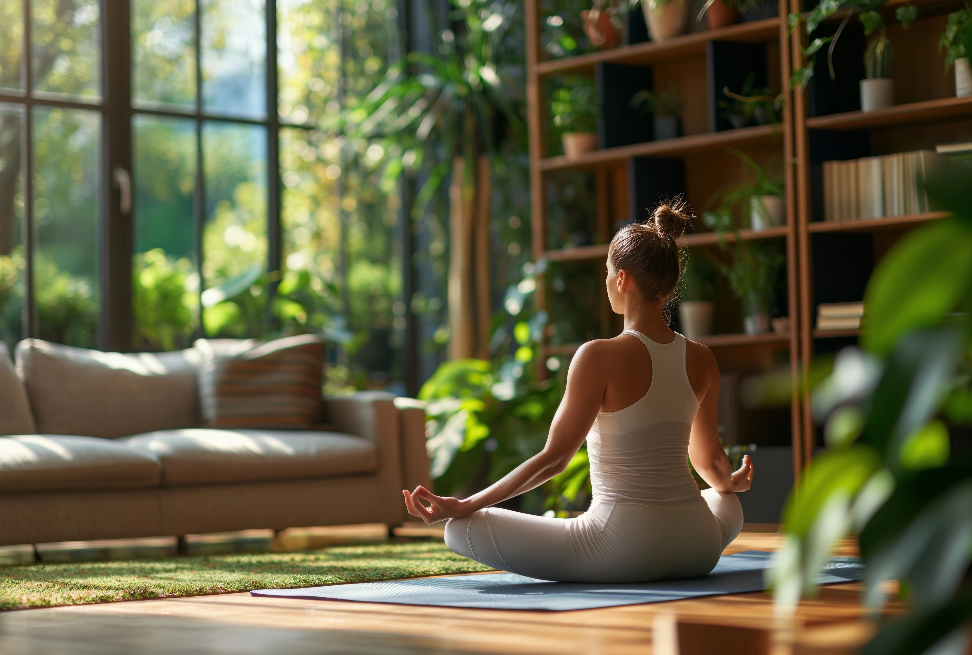Frau meditiert im Schneidersitz auf Matte in hellem Wohnzimmer mit Pflanzen und Fensterfront.